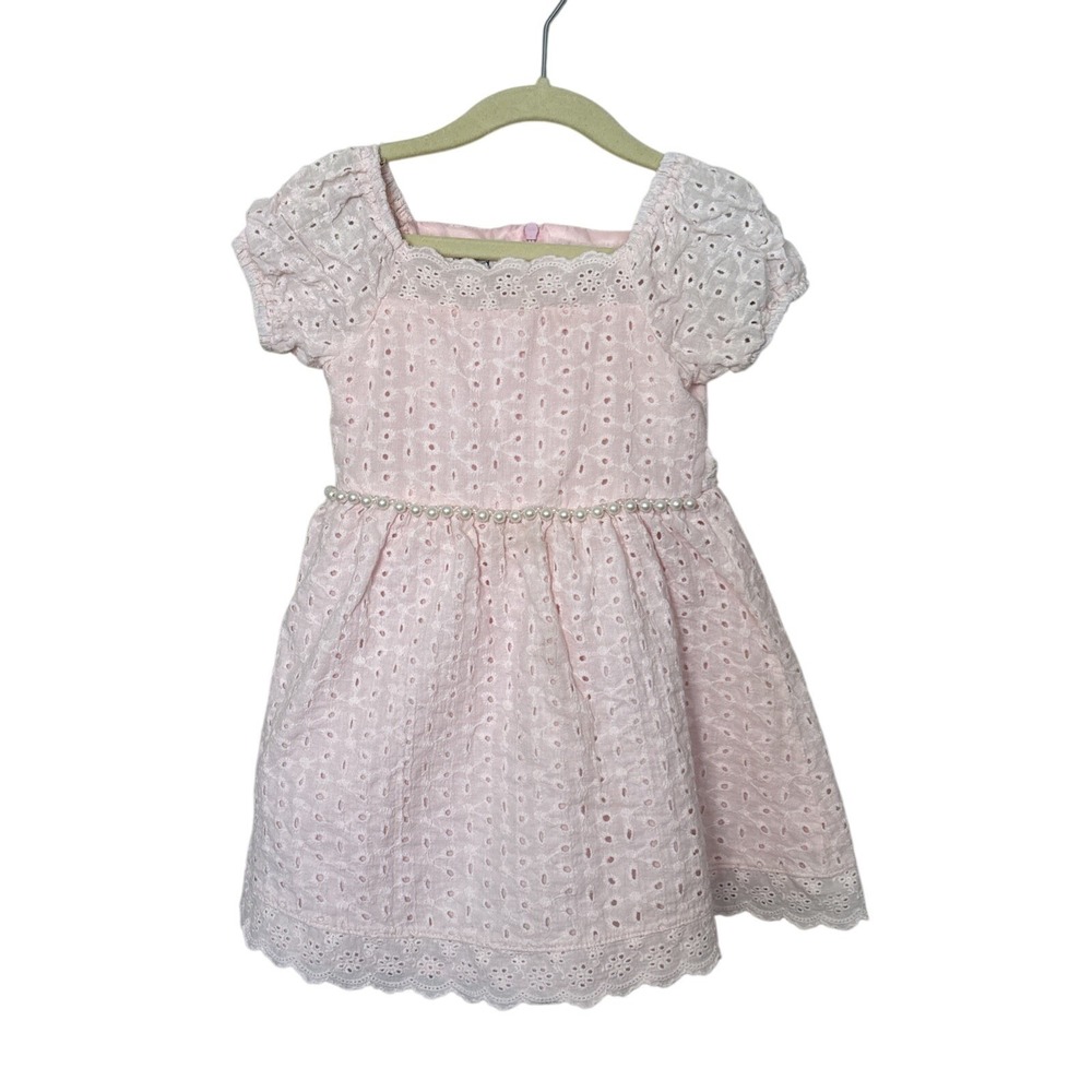 Badgley Mischka Girls' Pink Pearl Dress Eyelet Lace Short Sleeve Size 3T Easter